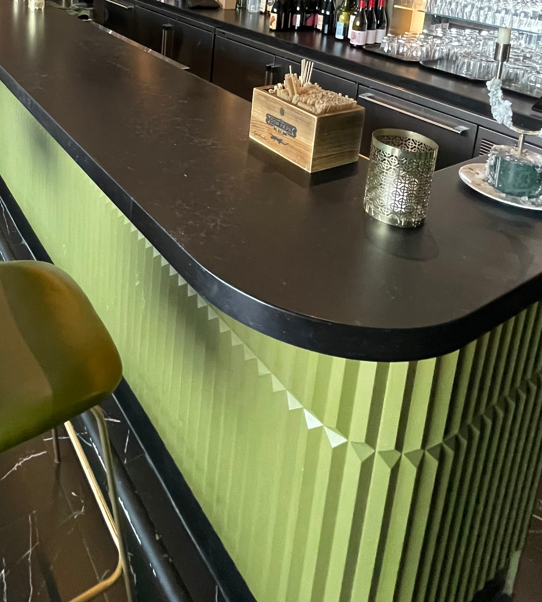 Peacock Wine Bar Columns, Bar Banquettes, Wine Glass Racks, Mirrored